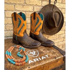 🔥Ariat Hybrid🧡💙🧡cowgirl Boots Orange Turquoise Western Boho Festival🚨RARE 6